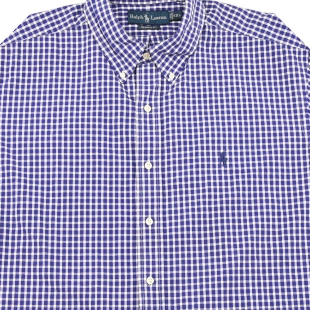 100% Cotton Polo Ralph Lauren Men XXL Classic Fit Blue Gingham Short Sleeve